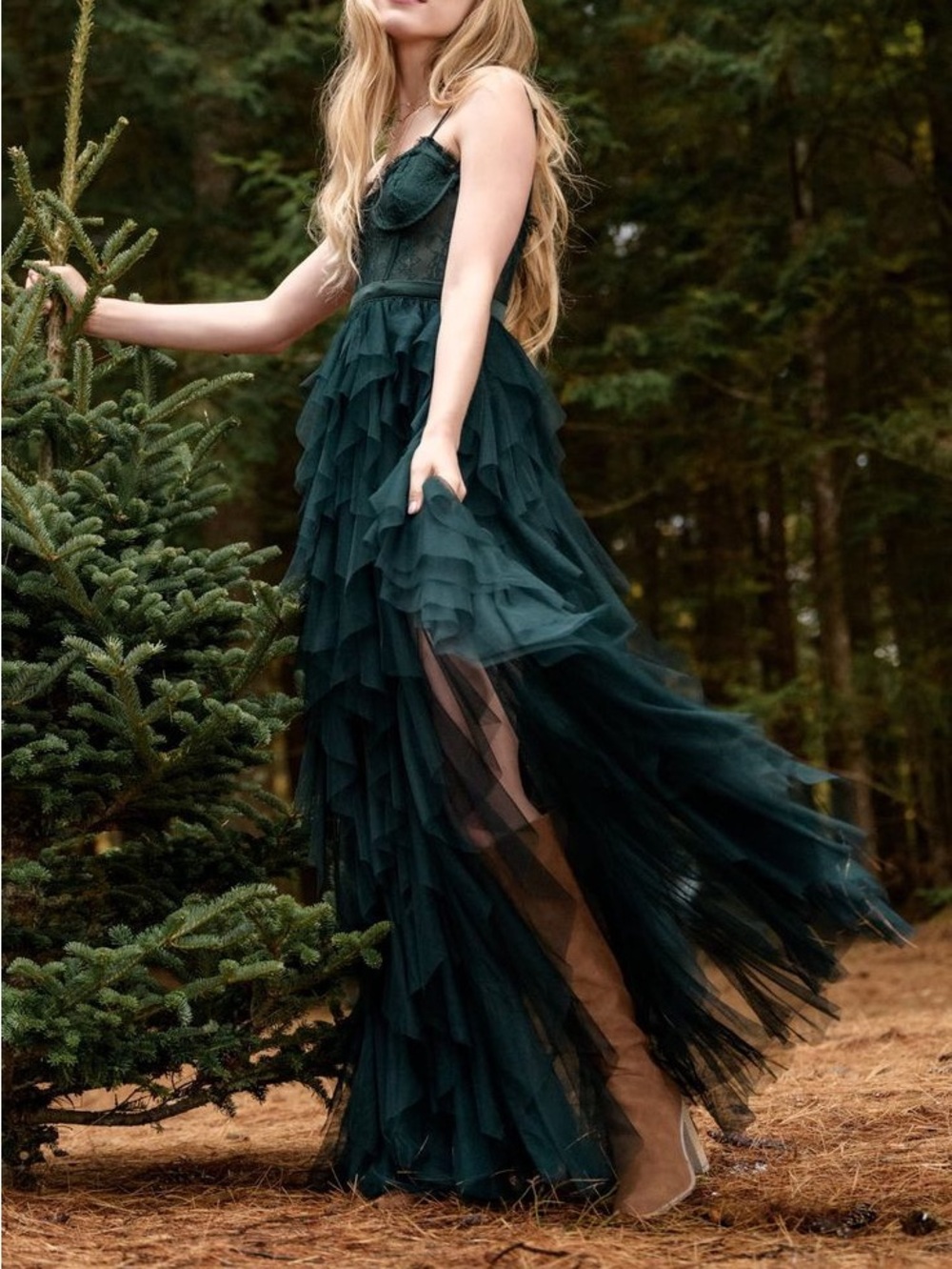Hunter Green Ruffled Tulle Maxi Dress with Lace Bodice